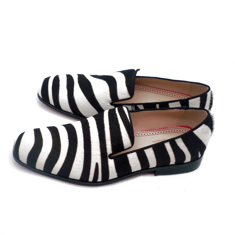 Luxury Brand Black And White Zebra Striped Shoes Men Horsehair Leather Loafers Slip On Dress Shoes Men\'s Flats Casual Shoes