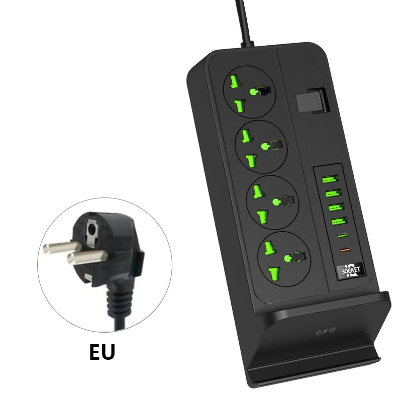 Tipo-C Faixa de Energia USB, 10 Portas, UE, EUA, UK Plug, Carregador do Telefone Sem Fio, Carregamento Rápido, Cabo de Extensão, Tomada Elétrica, Telefone Stander