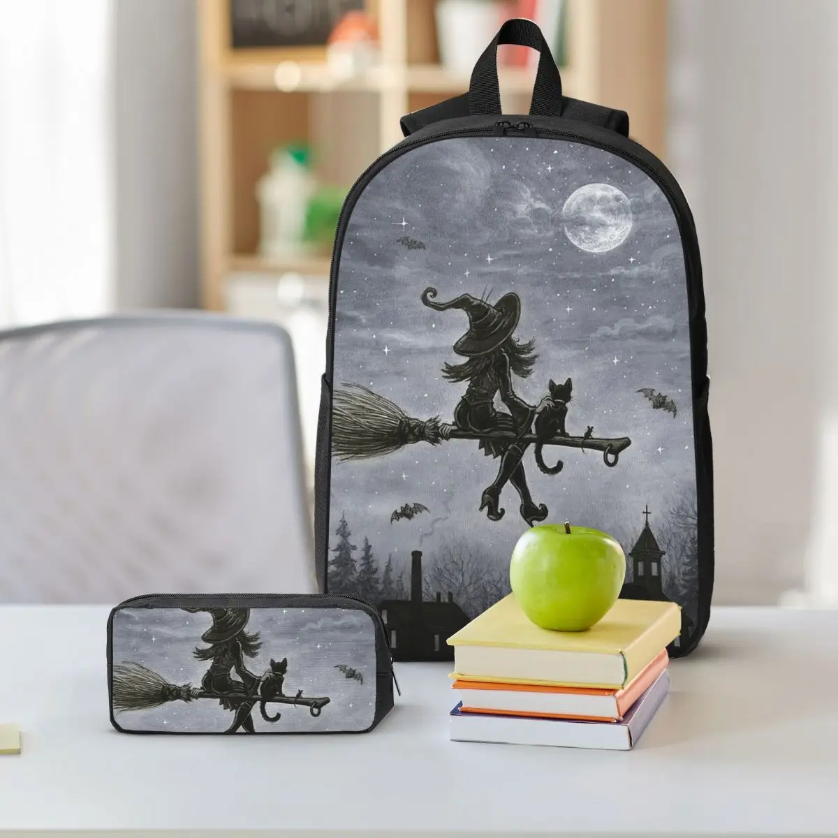 Witch And Cat Fly On Sky Backpack Boys Girls BookBag School Bag Shoulder Bags 3ps Insulated Lunch Bag Pencil Case