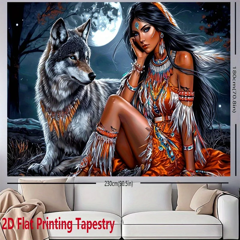 Bohemian Wolf Woman Tapestry Fantasy Forest Mythological Digital Print Wall Hanging Boho Aesthetic Polyester Home Decor Art