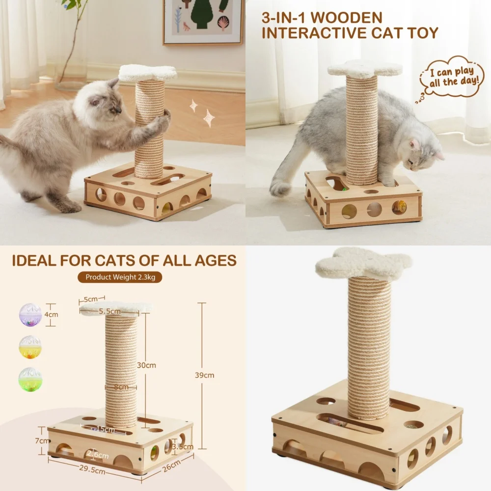 

Natural Sisal Cat Scratcher Post Puzzle Box Interactive Wood Cat Toy for Kitten Enrichment Activity Climbing Play Station