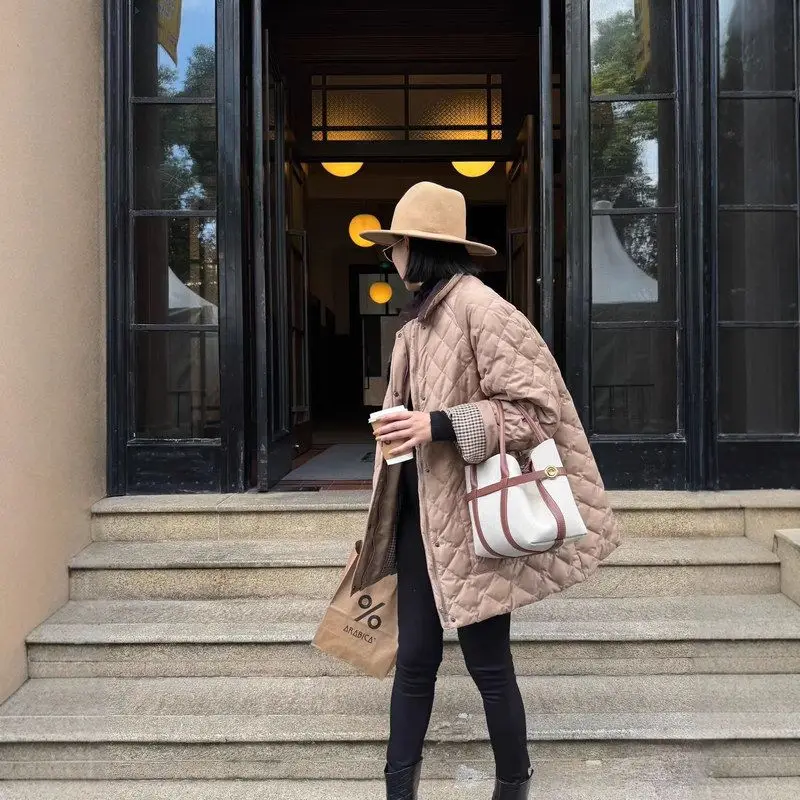 

Зимнее хлопковое женское пальто Jaet для поездок на работу с ромбовидным узором Barn Sle Thiened, длинное пальто све, удлиненное пальто на пуговицах на молнии