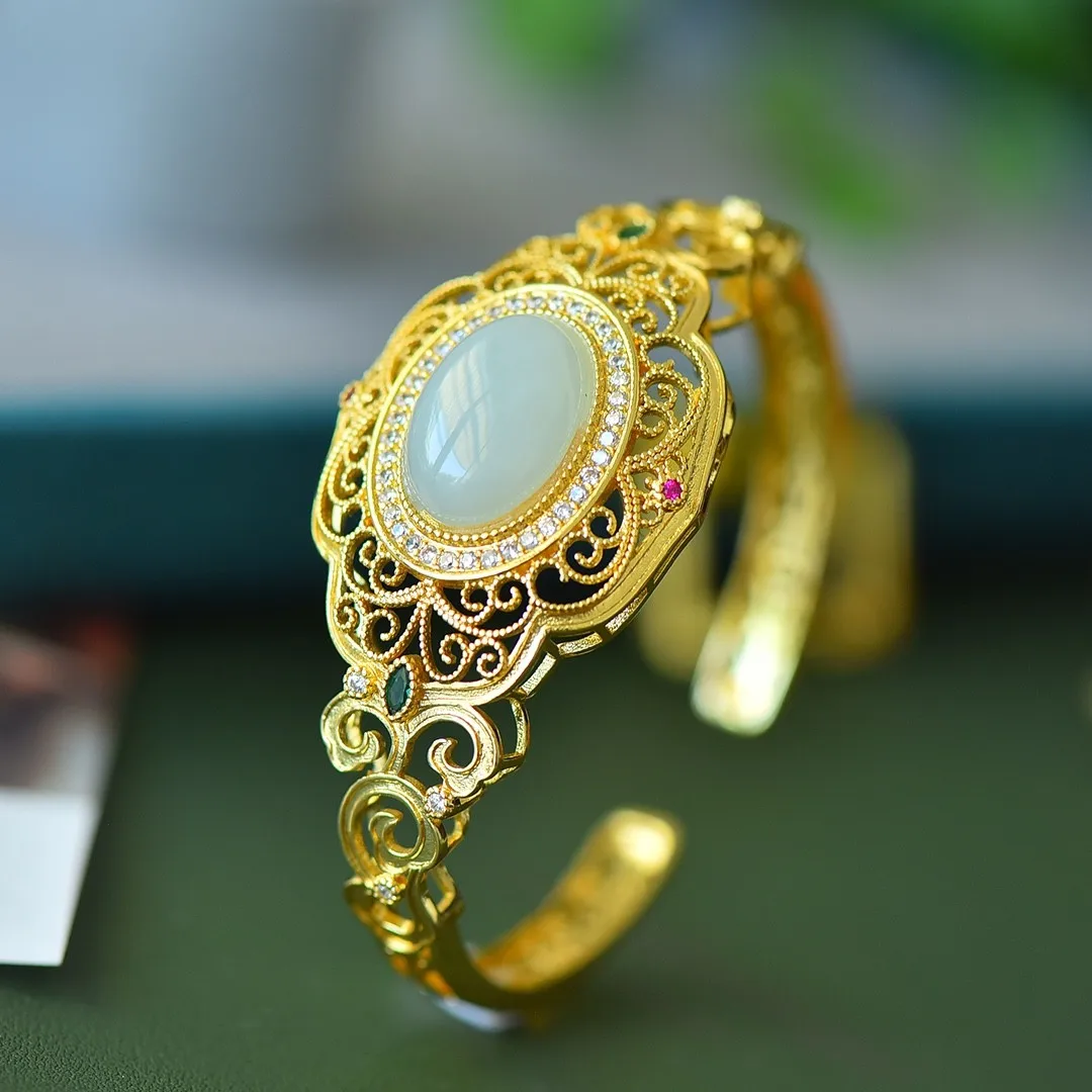 

Natural Nephrite White Jade Copper Bangle Bracelets Women Fine Jewelry Genuine Hetian Jade Colored Zircon Hollow Copper Bangles