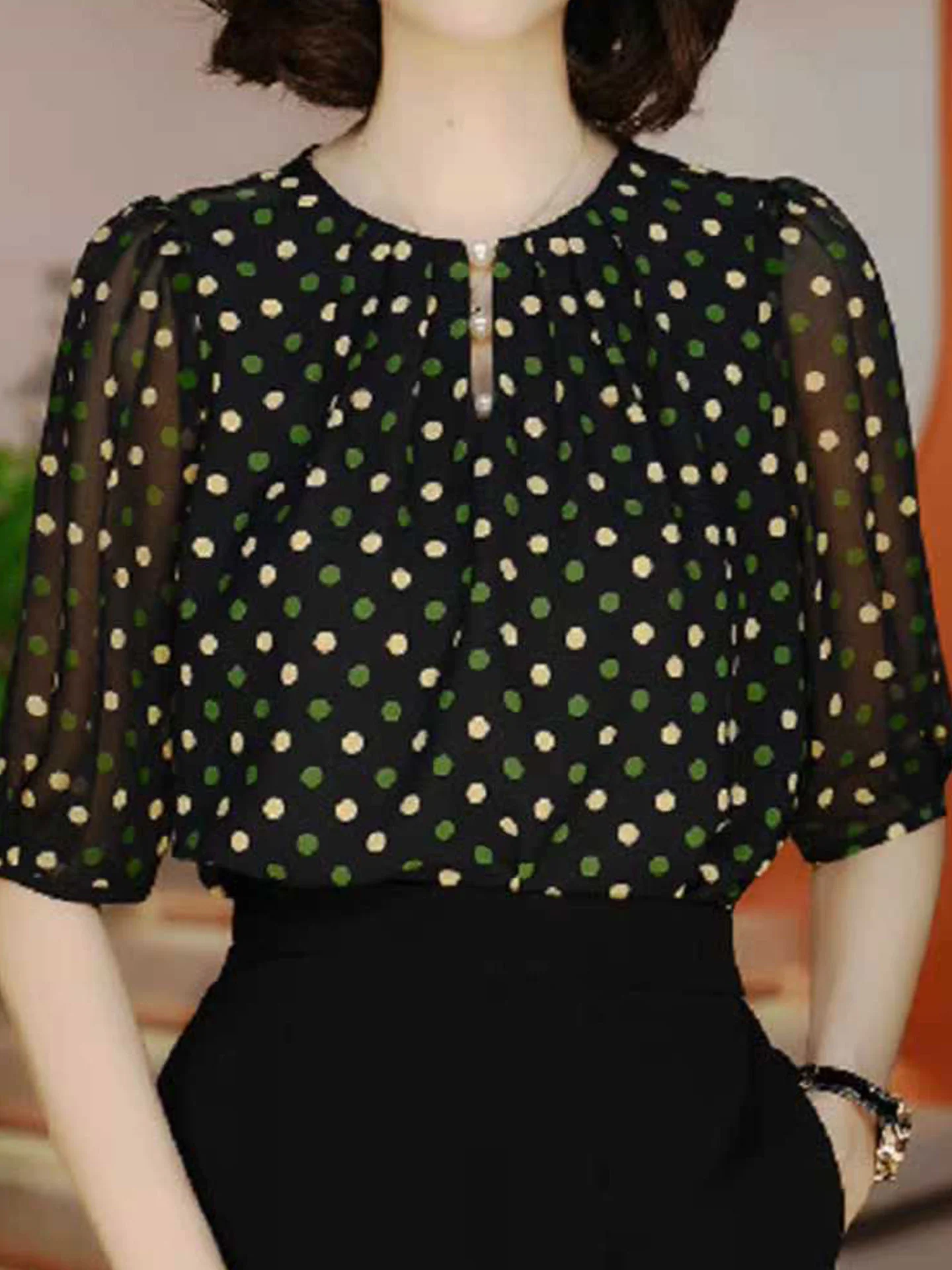 

Летняя женская модная полупрозрачная блузка Ele Polka Dot Color Blo из смесового хлопка с принтом