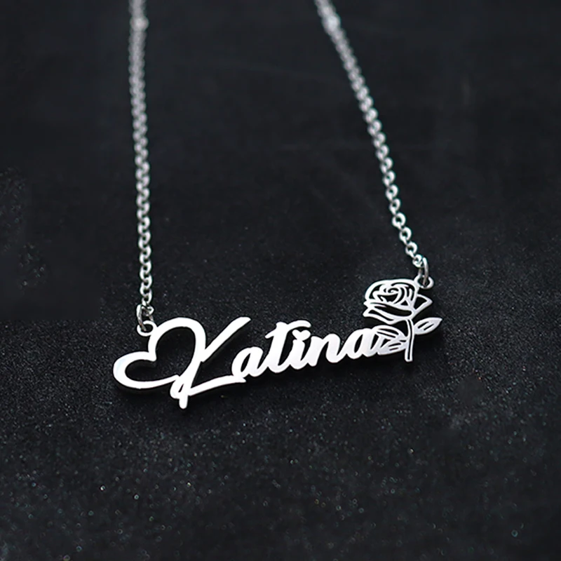 Personalized Name Rose Flower NecklaceCustomized Nameplate Pendant Stainless Steel Jewelry Gifr For Women Mother's Day Gift