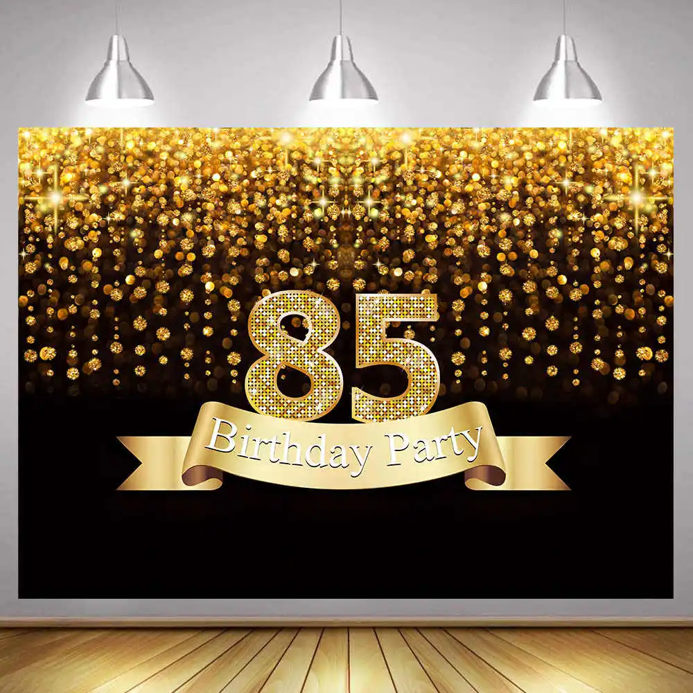 Fondo de cartel decorativo para fiesta de 85 cumpleaños para hombres y mujeres, fondo de fotografía dorado, negro, dorado, azul, plateado y blanco, 85 años