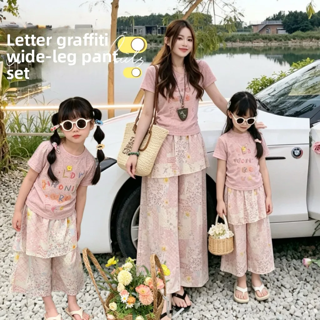 2026 Summer Family Matching Outfits Letter Print Linen T-Shirt & Wide Leg Pants Set for Mom and Daughter Beach Vacation