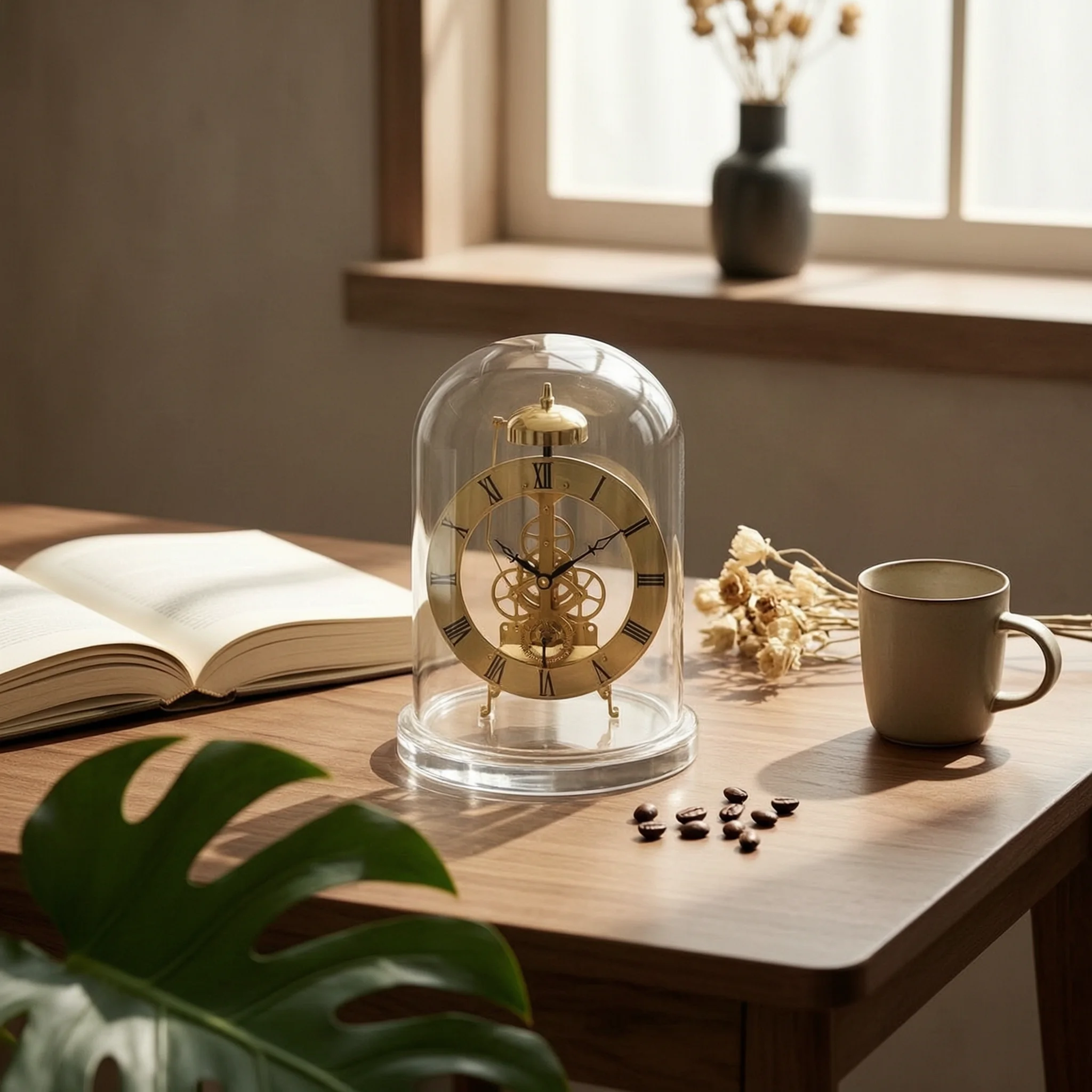 Clock with Glass Dome Chiming Skeleton Clock Classic Elegant for Collectors, Living Room, Office