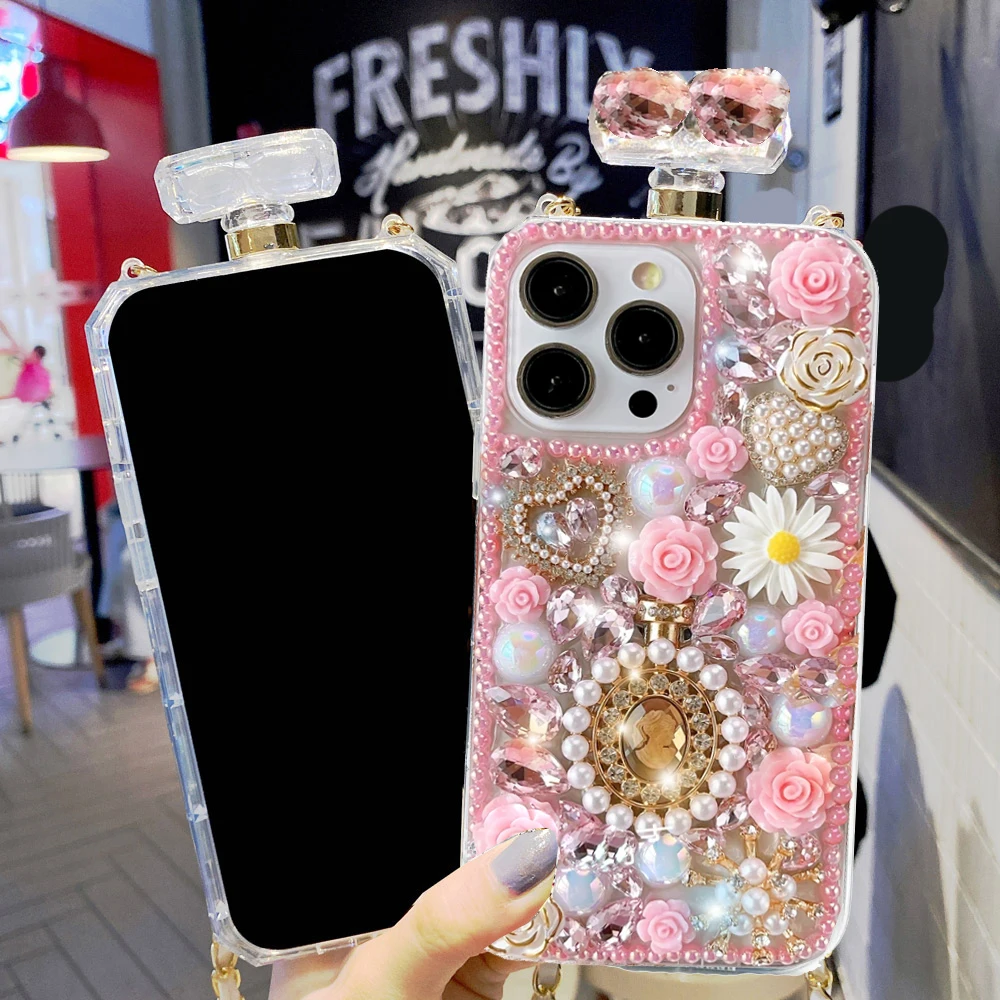 

Flowers Phone Case for Samsung Galaxy S25 S24 S23 S22 S21 Ultra Pearl Case Handmade Jewelled Funda with Crossbody Strap Long