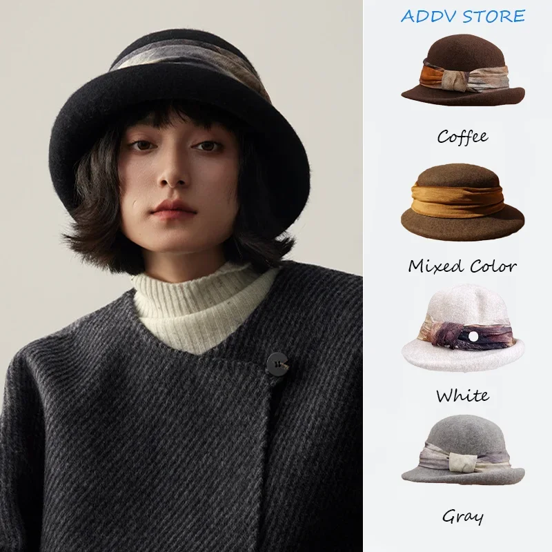 Women's French Retro Brown Tweed Top Hat High Light Luxury Ink Ribbon Accessory Bucket Hat Elegance Dome Felt Hats