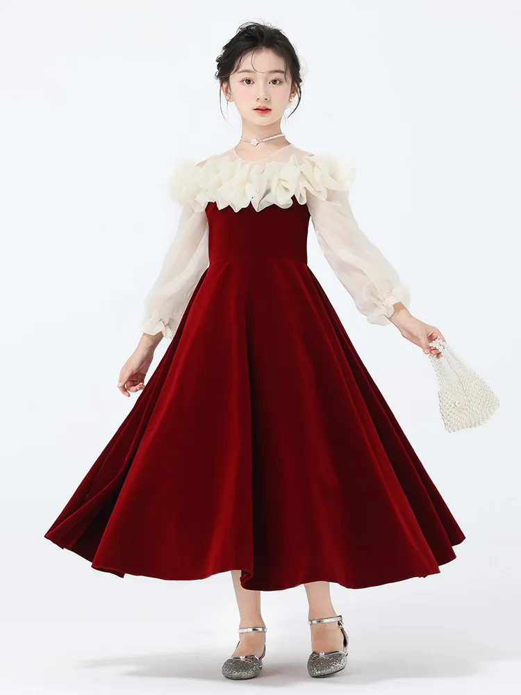 Children Formal Gown Wedding Photograph Wear Kids Evening Party Dress Skirt  2025 Girls Wine Red Lace Elegant Dresses Princess