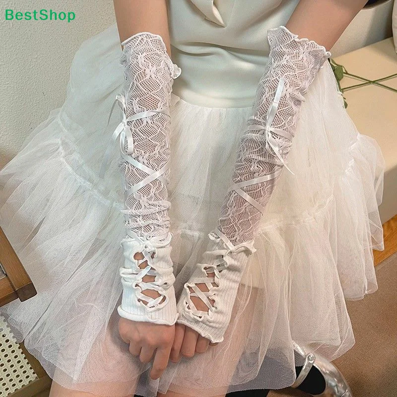 ★Women Strapping Lace Fingerless Hot Sexy Arm Sleeves DIY Lace-up Sunscreen Gloves Elastic Mesh Punk Gloves Clothing Accessories