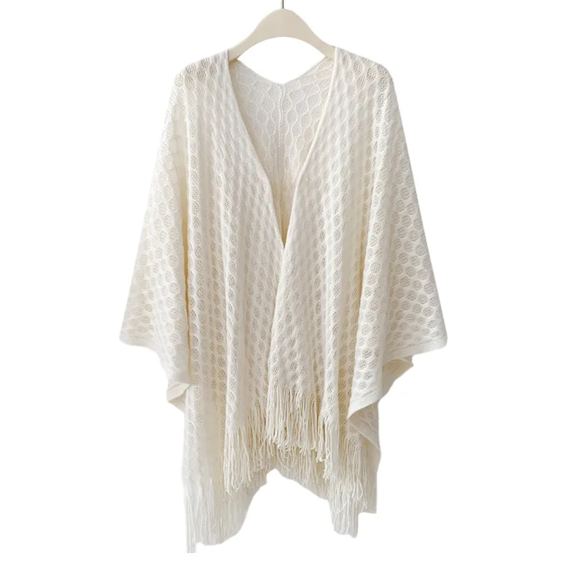 New Air conditioned room Office Poncho Summer Thin Knitted Shawl Women's Solid Color Versatile Plaid Fringe Outer qipao Cloak P1
