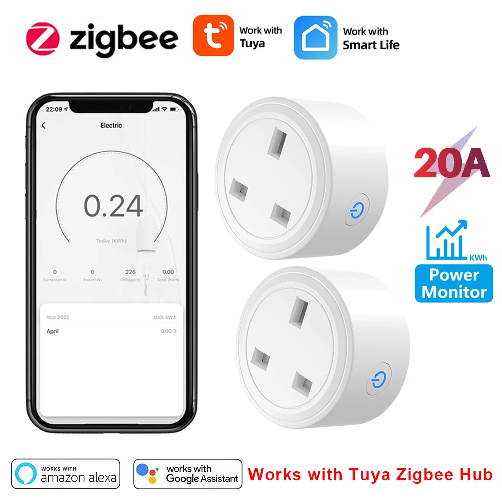 

20A Tuya Zigbee Smart Plug UK Socket Adapter Home Outlet with Energy Monitor Timer Voice Alexa Google Home Works with ZigBee Hub