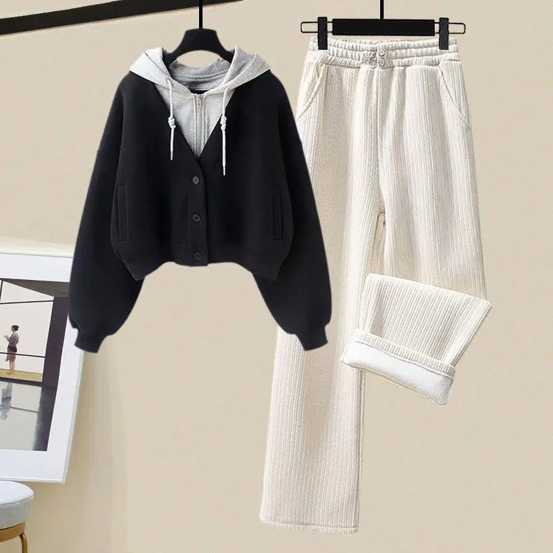 Autumn and winter Korean version new fake two-piece hooded top+casual sports wide leg pants two-piece set