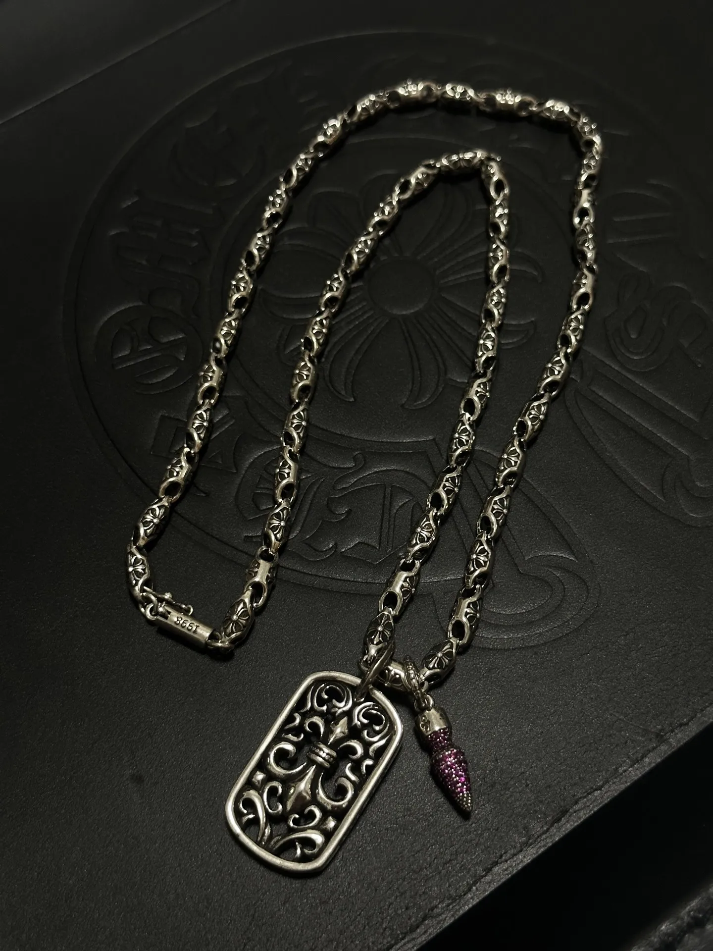 S925 sterling silver retro old-fashioned long-brand iris pendant necklace full of diamonds and small nails charm CH accessories