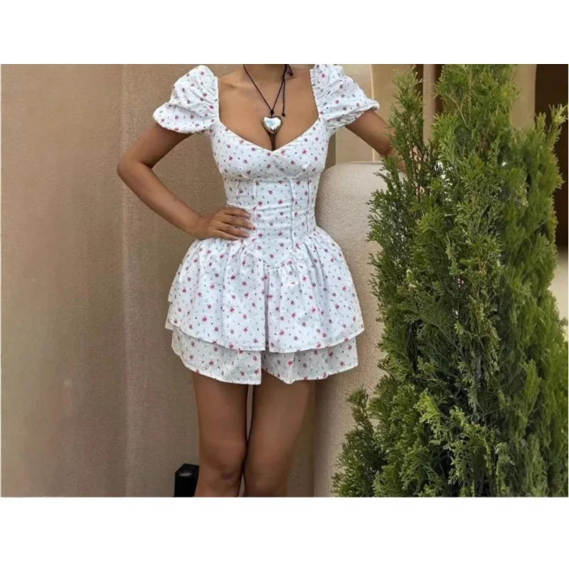 

2025 Summer French Sweet Wind Strap Waist Thin Cake Layer Bubble Sleeve Dress