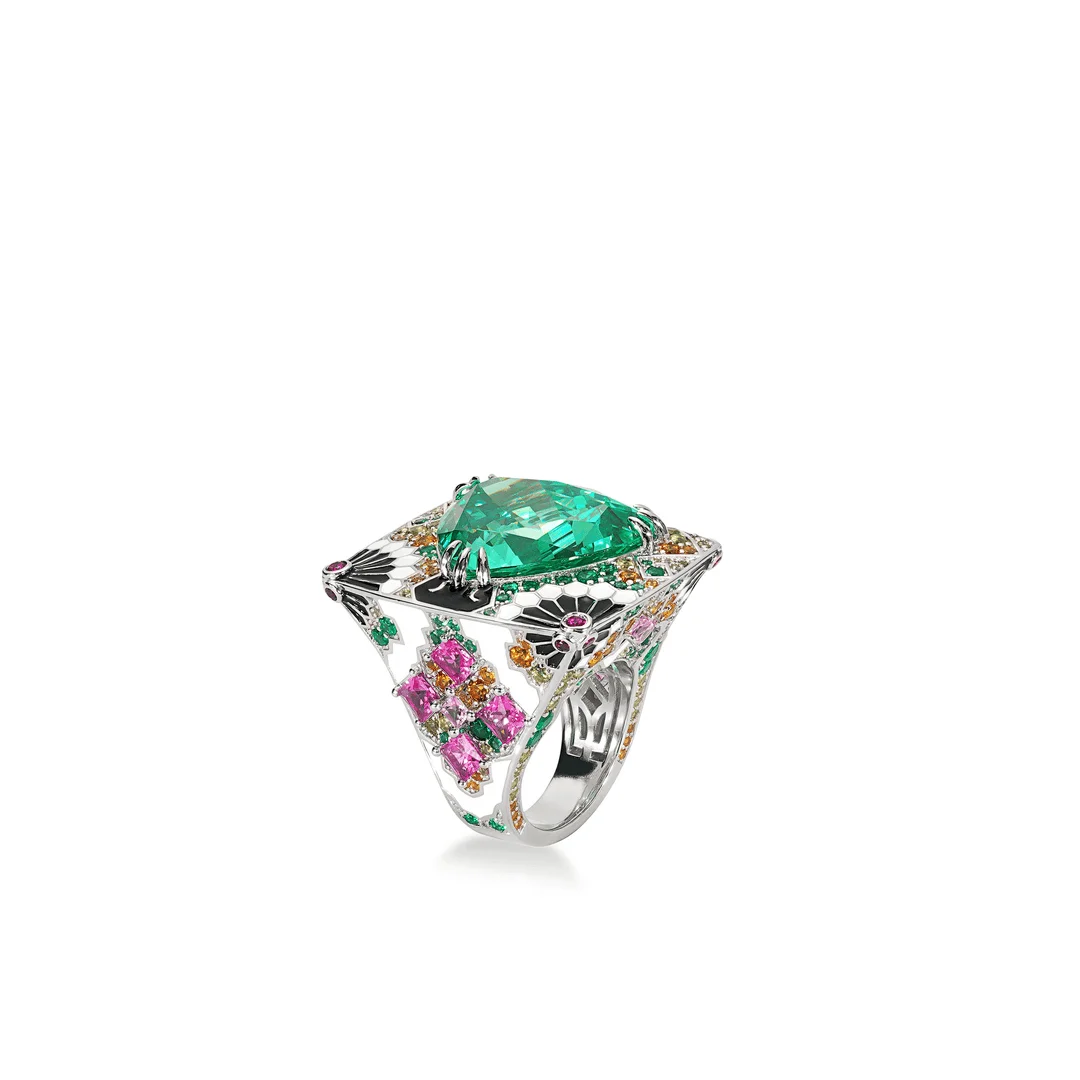 

Bellux 925 Sterling Silver Synthetic Zircon Ring Enamel Workmanship Fashion Luxury Green Monet‘s Garden Ring