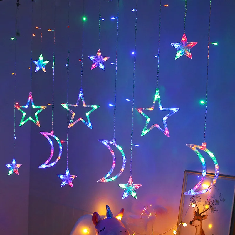 Star Moon LED Curtain Garland String Light, EID Mubarak, Decorações Ramadan para o Natal, Casa, Decoração do Evento Islã, Fontes do partido