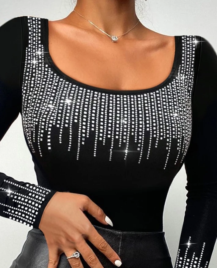 Women's Sexy Skinny Top 2025 Autumn Winter Latest Casual Rhinestone Decor Scoop Neck Long Sleeve Pullover Slim Fit Blouse Tee