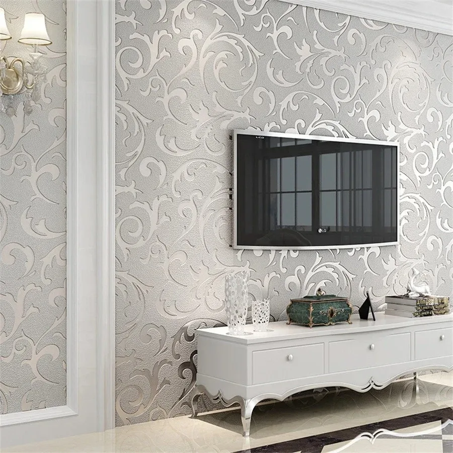 Grey 3D Victorian Damask Embossed Wallpaper Roll Living Room Bedroom Wall Coverings Silver Floral Luxury Wall Paper Home Decor