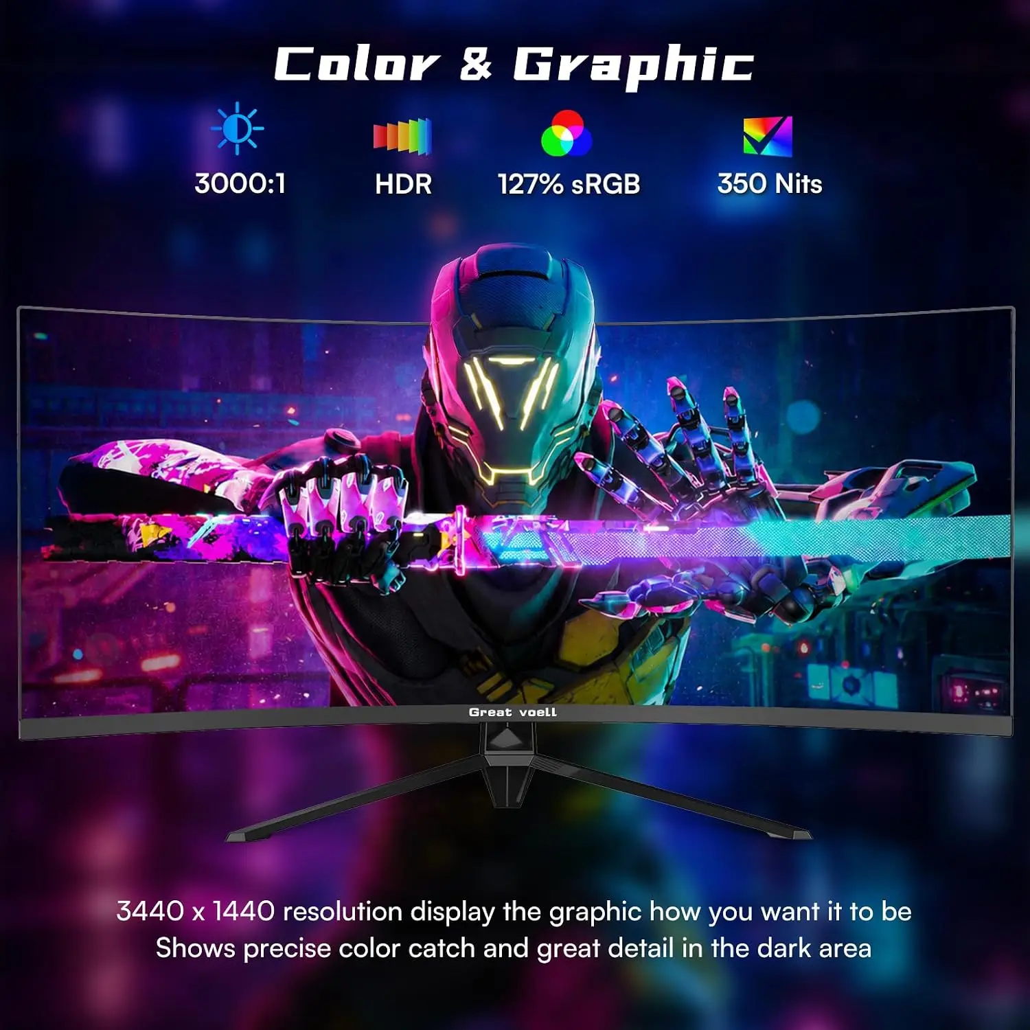 Great Voell 34 inch Ultrawide Curved Gaming Monitor, 240Hz WQHD, 1ms, 3440x1440p Display, 127% SRGB, G-Sync & FreeSync, 1500R Immersive VA Panel, HDR, PIP/PBP, DP1.4 and HDMI 2.0, Black