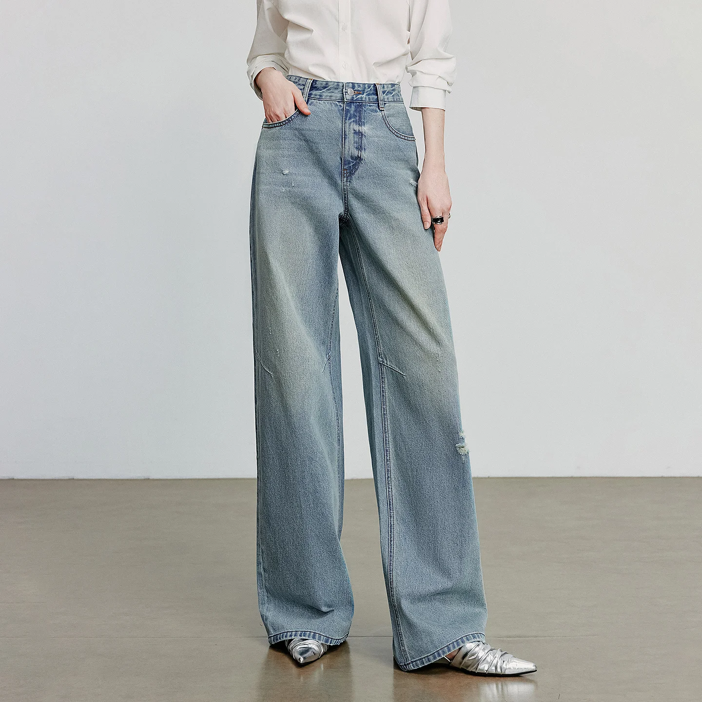 TOYOUTH Jeans denim da donna 2025 Autunno nuovi pantaloni dritti a gamba larga streetwear strappati