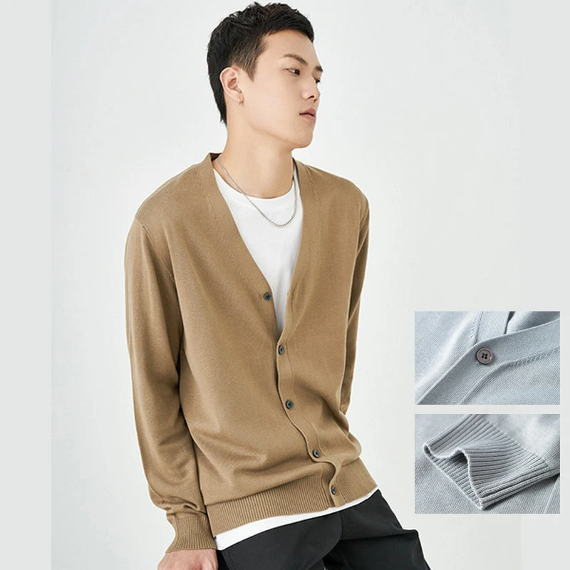 

Мужской вязаный кардиган с v-образным вырезом — хаки (черный/серый/какао), Новое поступление, мягкая текстурированная ткань ​ ​ Многослойная деталь / повседневная