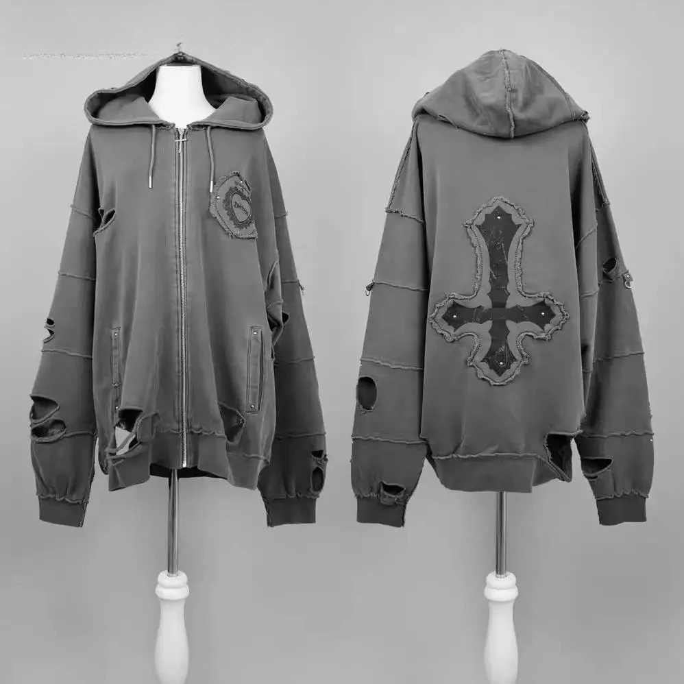 

Японский ретро Y2K субкультура рваный свитер с капюшоном в стиле гот-панк свободное пальто на молнии милый сладкий крутой повседневный осенне-зимний женский топ