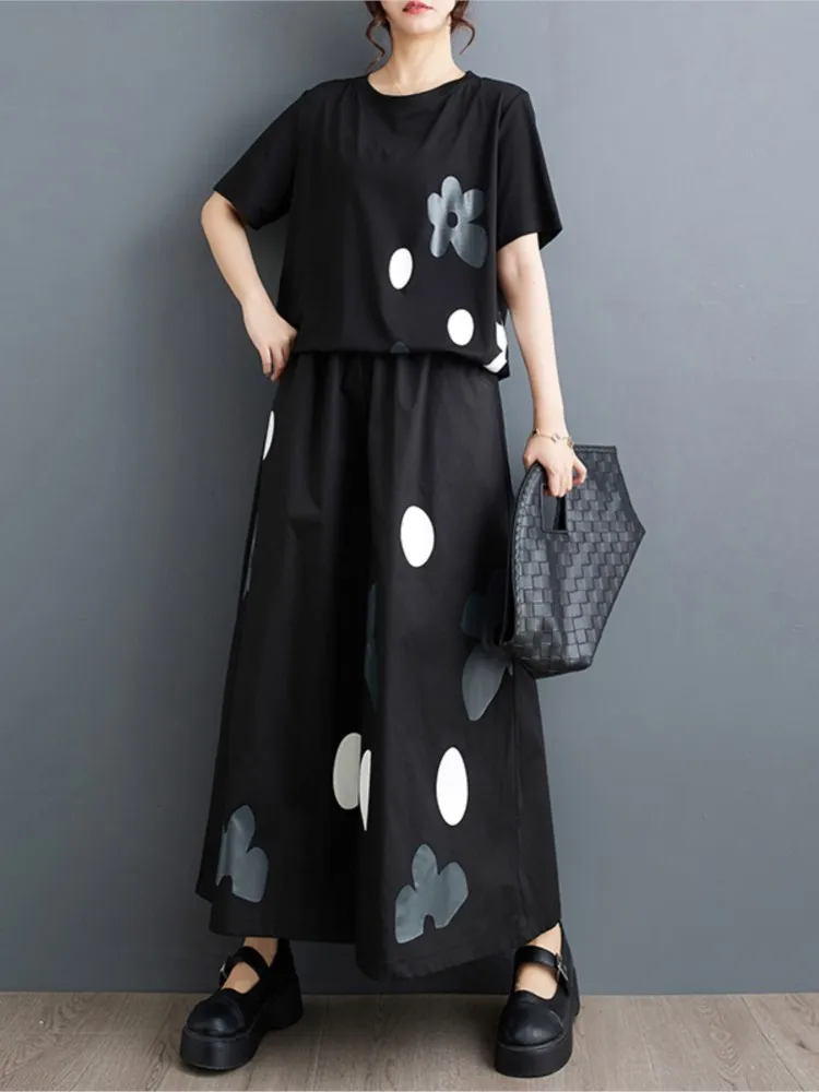 Oversized Polka Dot Print Summer 2 Two Piece Set Short Sleeve Casual Modis Women Ladies Blouse Pleated Loose Woman Wide Leg Pant