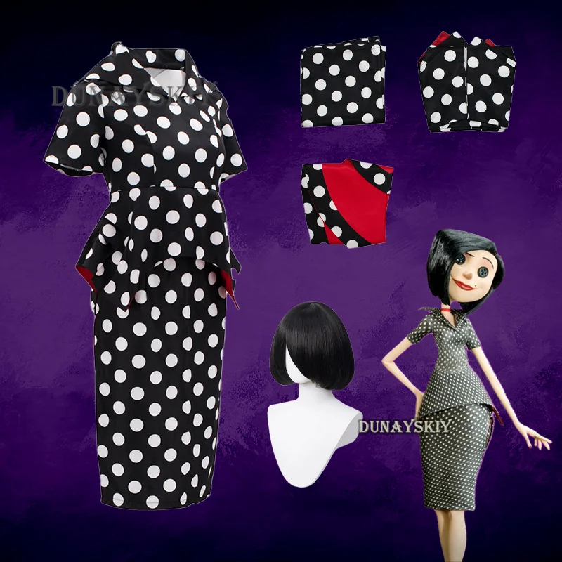 Horror Märchen Filme Coraline Mutter Cosplay Kostüm Perücke Polka Kleid geheime Knopf Augen Halloween Party beängstigend Rollenspiel Anzug