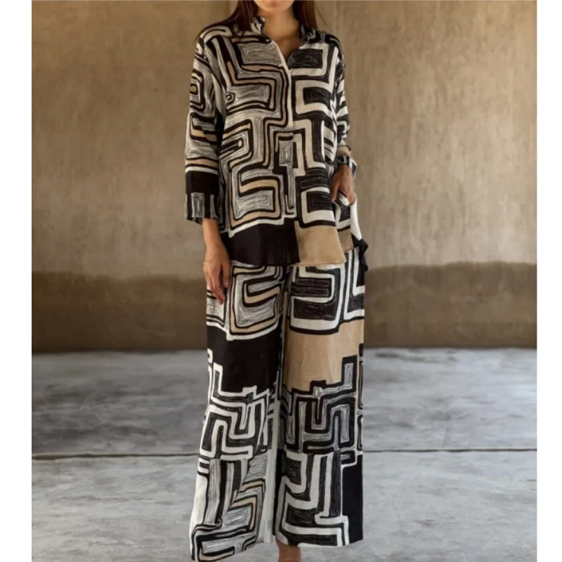 2025 جديد دعوى المرأة 2 قطعة مجموعة أنيقة قميص مطبوع التلبيب بنطال ذو قصة أرجل واسعة مجموعة فضفاضة عصرية عادية القطن الكتان مجموعة