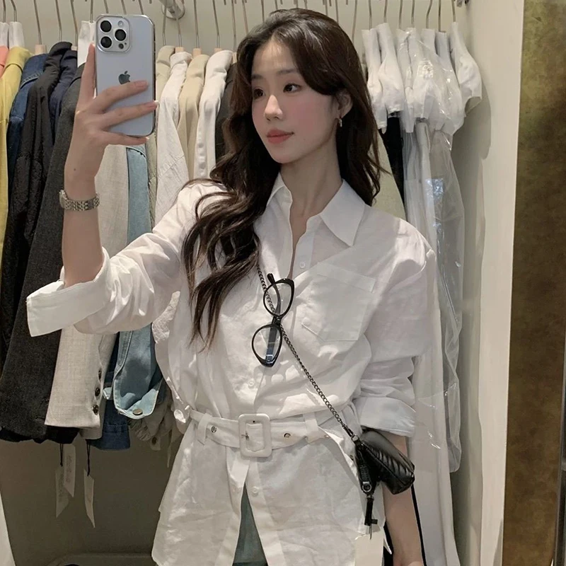 

MEXZT Elegant White Shirts Women Fashion Streetwear with Belt Blouses Office Ladies Korean Long Sleeve Pocket Casual Design Tops