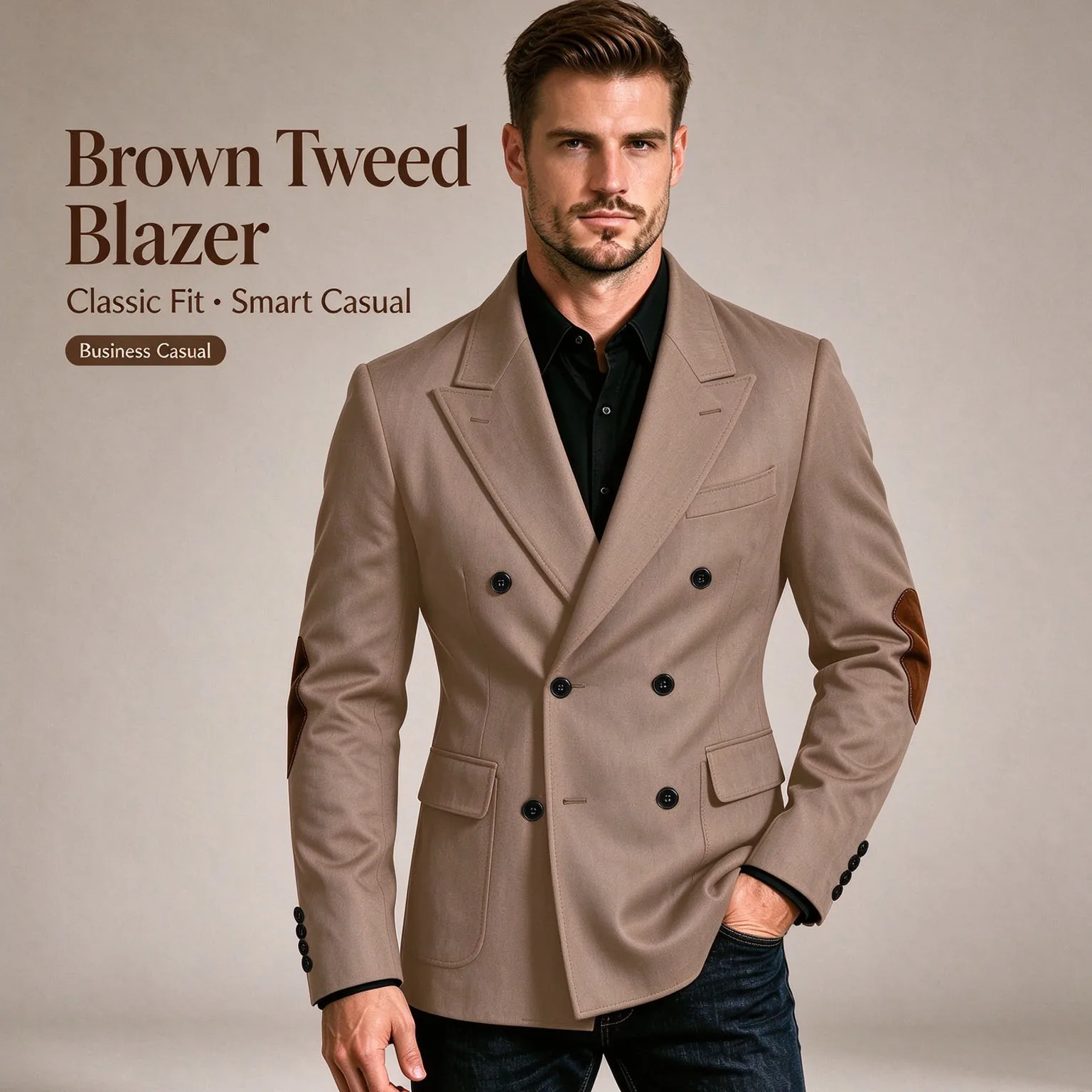 Men's Double Breasted Blazer With Elbow Patches Slim Suit Jacket Business Wedding Smart Casual Formal Outerwear XS-7XL