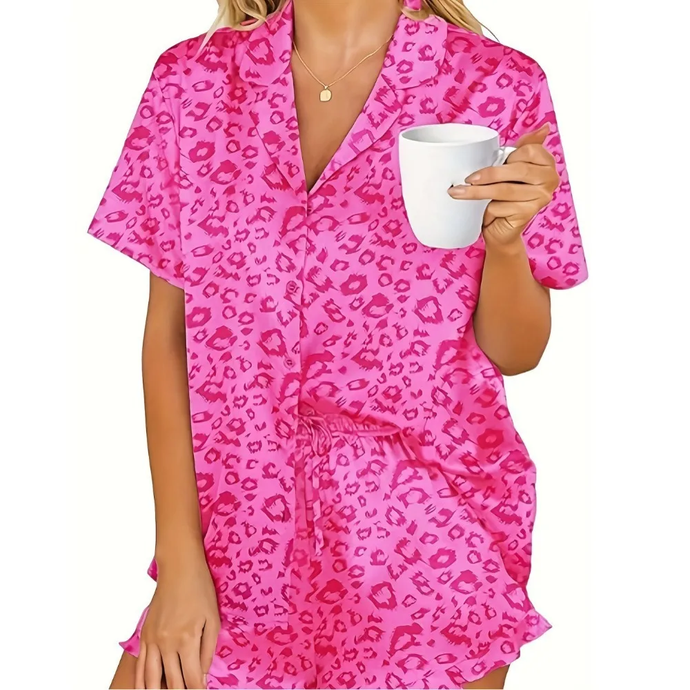 

2025 New Summer Pajamas for Ladies Rose Red Leopard Print Fashion Ruffle Edge Short Sleeved Shorts Pajamas Loungewear 2PCS Suit