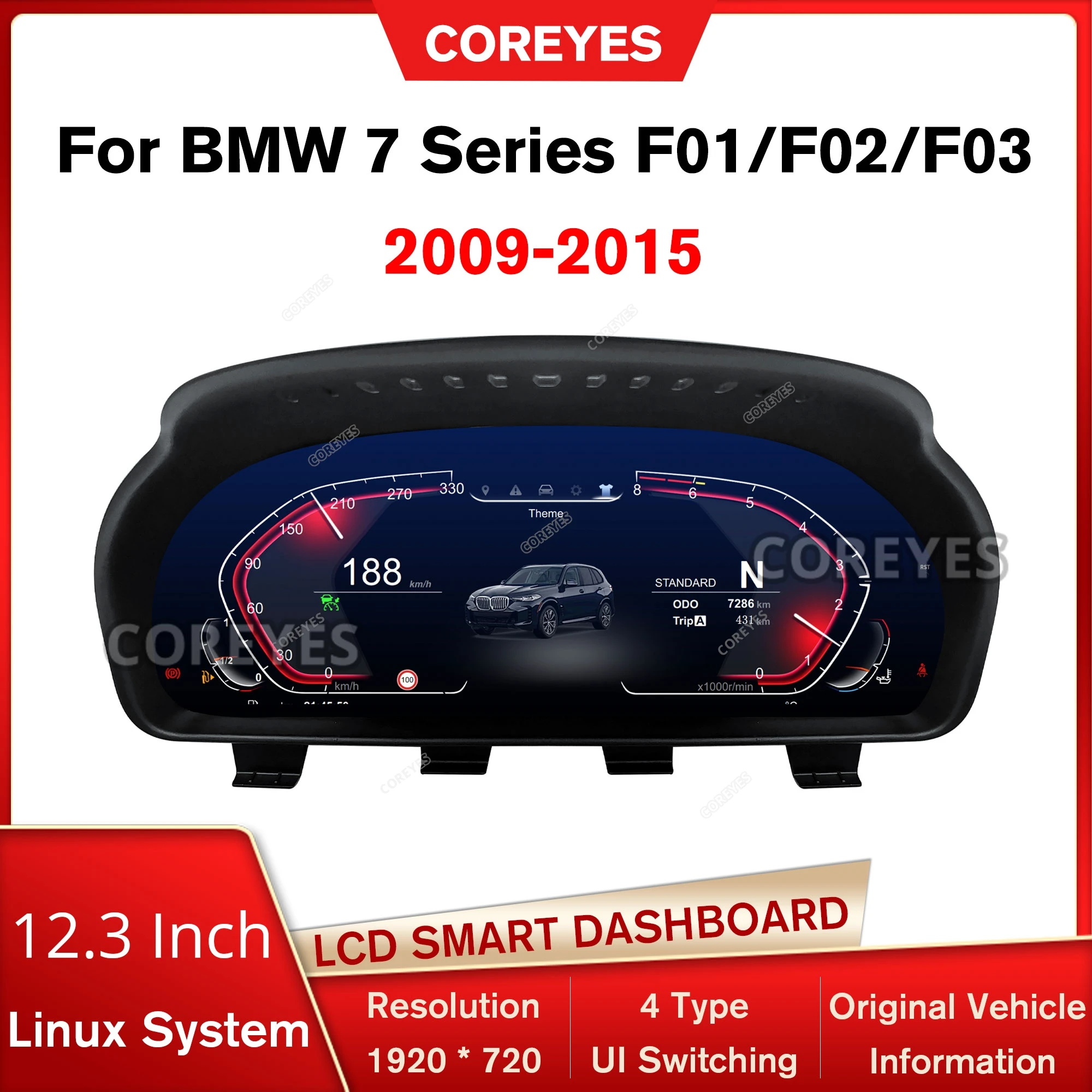 COREYES 12.3'' Digital Instrument Cluster for BMW 7 Series F01/F02/F03 2009-2015 CIC/NBT Linux System Speedometer Car Dashboard