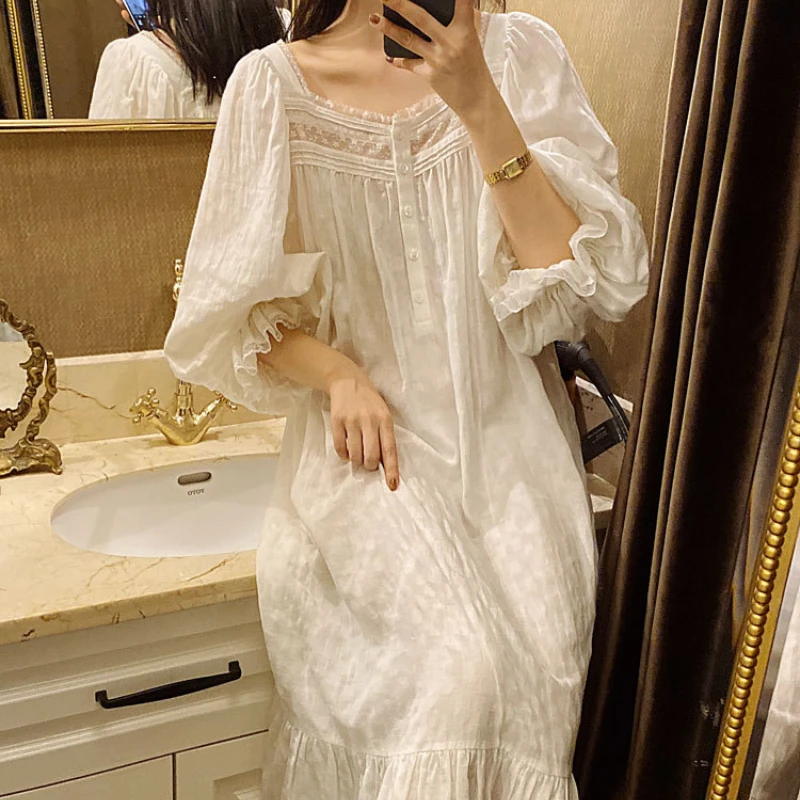 Spring Autumn Full Sleeves Long Night Dress Victorian Romantic Princess Sleepwear Home Wear Women Pure Cotton Vintage Nightgowns