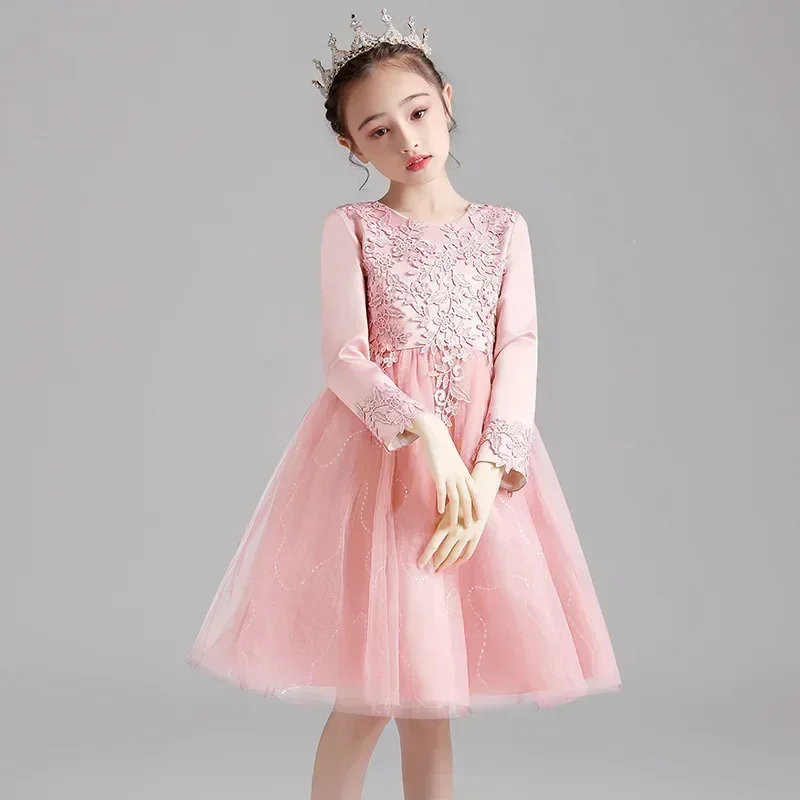 Girls\' formal dress spring new children\'s clothing long sleeved fluffy skirt little girl hosting runway show princess