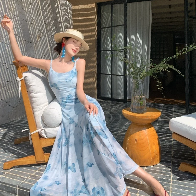 Women's Summer New Blue Spaghetti Strap Tulle Dress Butterfly Print Bodycon Pencil Dress Trendy Beach Vacation Party Robe Vibe