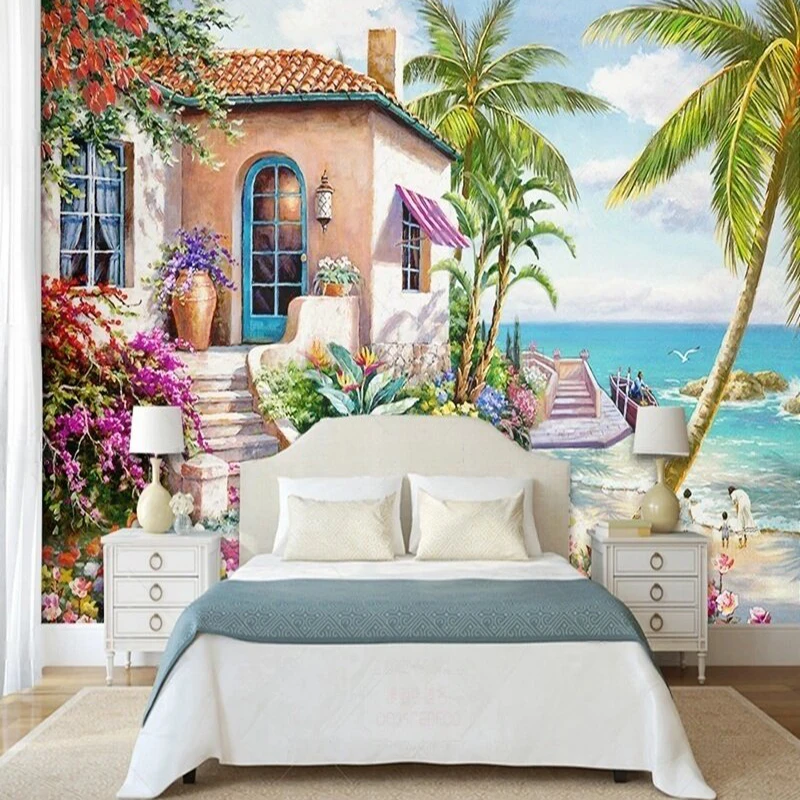 Modern and beautiful water seaside villa landscape oil painting TV luxury home decoration background wall paper mural