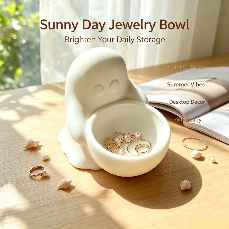 Special Ghost-Shaped Jewelry Storage Tray for Dressing Table, Ghost-Shaped Ring and Earring Storage Dish, Small Vanity Storage Box, Can Hold Jewelry/Hairpins, White Decorative Tray for Bedroom/Bathroom Dressing Table Decoration