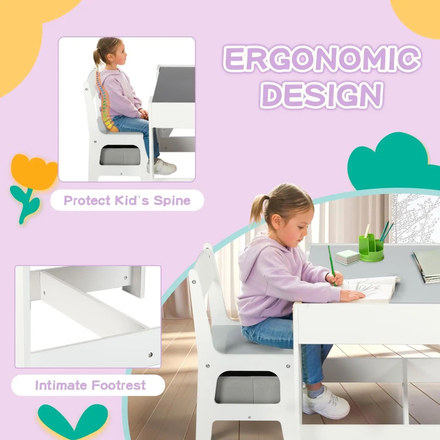 طقم طاولة خشبية وكرسيين من كينج كيدز، طاولة أنشطة للأطفال 3 في 1 مع مساحة تخزين، سطح طاولة قابل للإزالة، سبورة سوداء، طفل صغير من 3 قطع