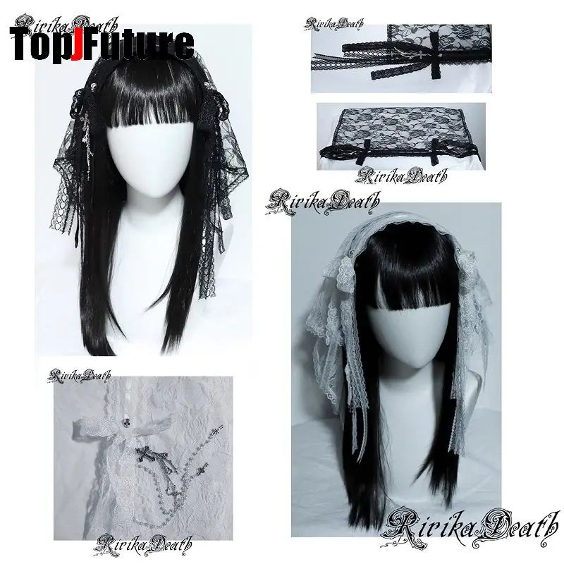 

Женский японский обруч для волос в стиле Харадзюку, готический Y2K, Лолита, повязка на голову, череп, цветок, крест, бант, вуаль, кружевные ленты для волос, аксессуары для волос