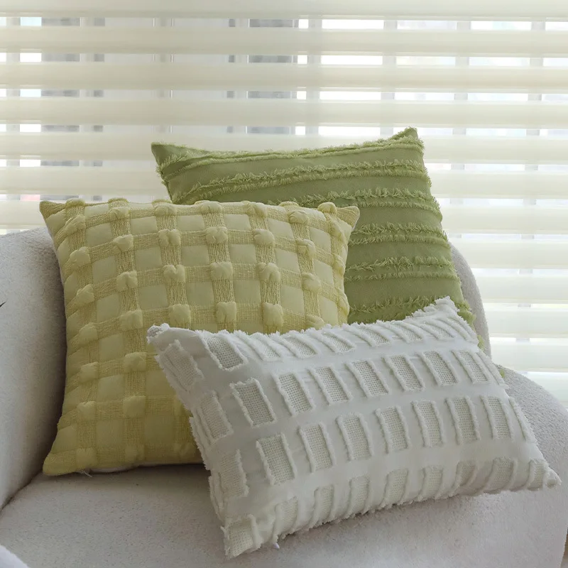 Cream Pastel Fringe Grid Pillow Cover 3D Bobble Tufted Decorative Throw Cushion Case Neutral Home Sofa Couch Decor Pillow Cover