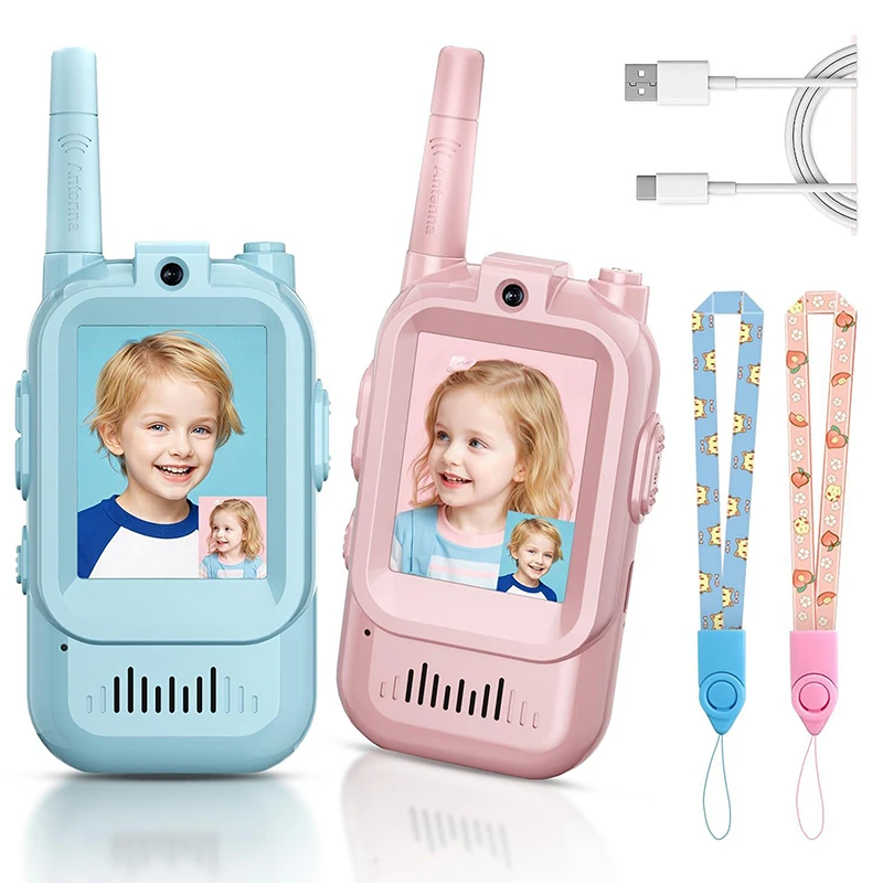 2pcs Video Walkie Talkies for Kids Rechargeable with Screen Display and Voice Effects Long Range Outdoor Birthday Gifts