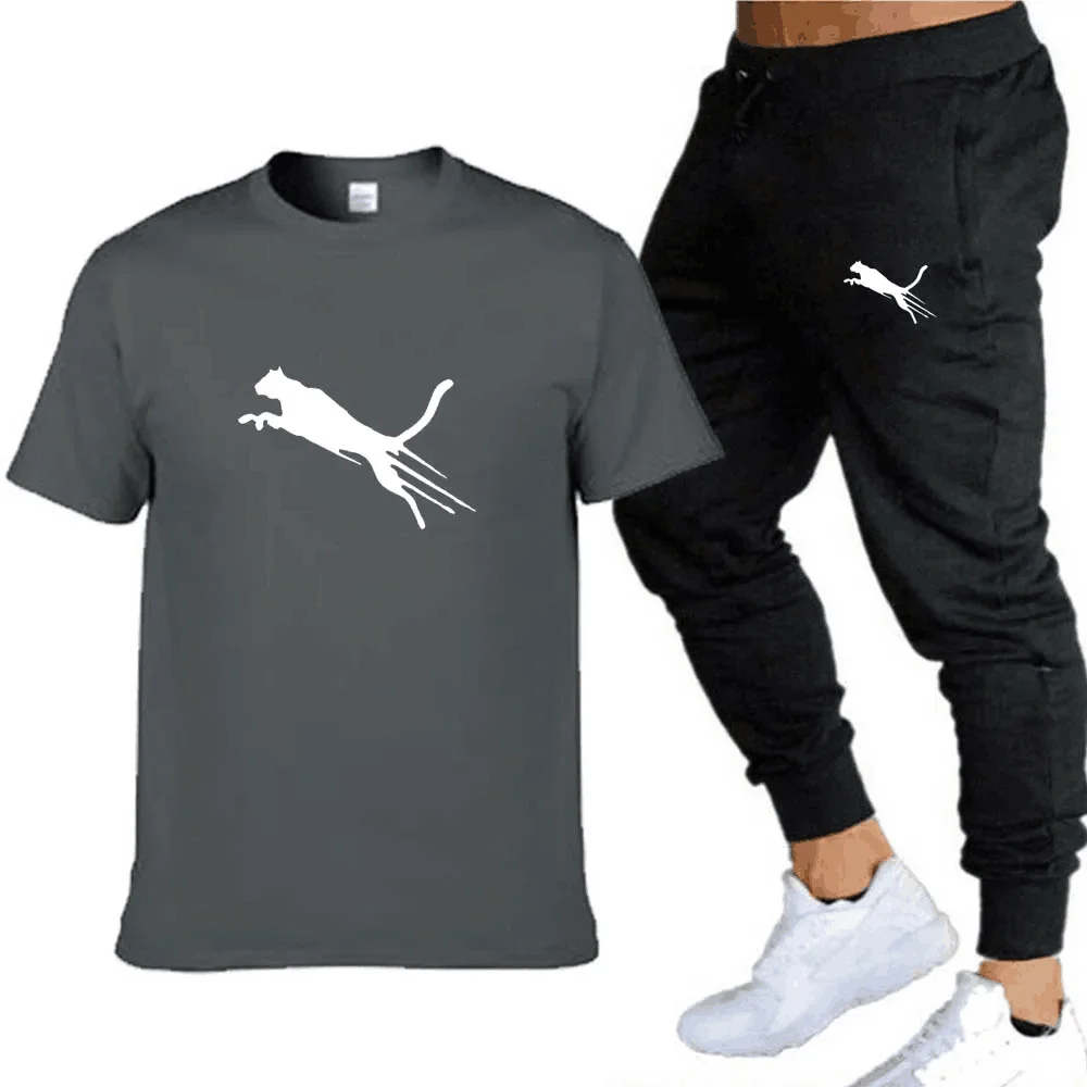 Cotton Men's Matching T-Shirt And Casual Black Pants Set, Basic T-Shirt, Summer Sportswear, High-Quality Fashion, Two-Piece Set