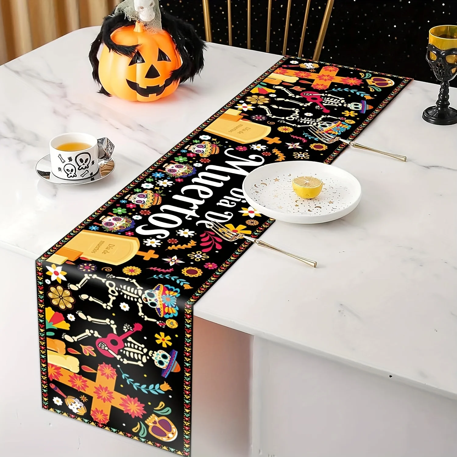 

Vibrant Sugar Skull Table Runner Black Base with Flowers Guitar striking Art Piece for Creative Space Decor