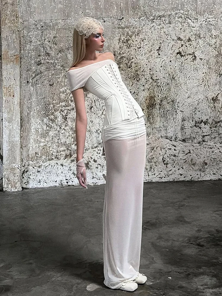 

Whatiwear ко Дню святого Валентина, комплект из 2 предметов, женский тренд, бандаж с разрезом на шее, гофрированная майка + прозрачная юбка с рюшами, сексуальные летние костюмы