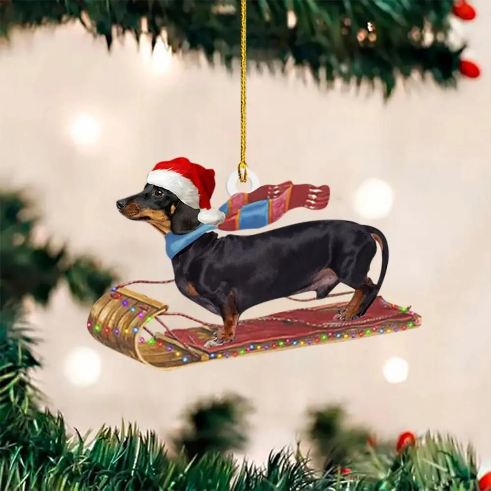 Colgante de perro salchicha 2D de doble cara, colgador de Feliz Navidad, adornos acrílicos, colgantes de perro de Navidad