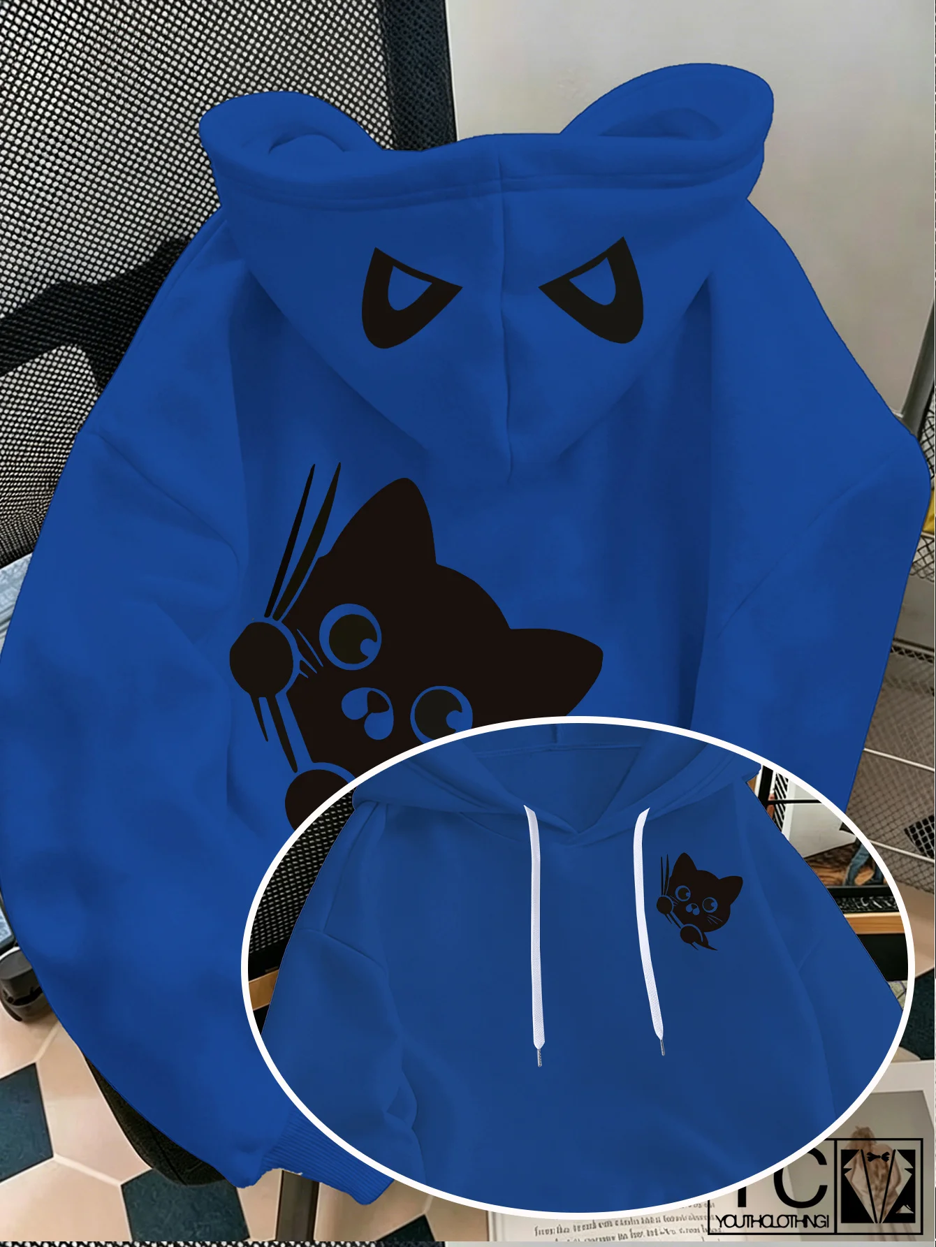 Herren-Hoodie mit süßer spähender schwarzer Katze, Cartoon-Katzen-Print, grauer Oversize-Pullover, Streetwear-Sweatshirt für Herbst und Winter – Detail 7